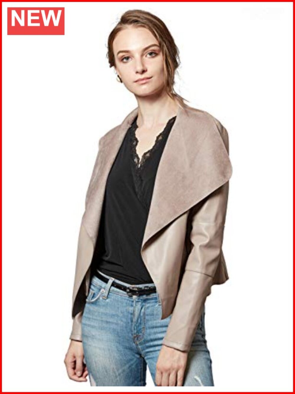 Women's Faux Leather Jacket Open Front Lapel Blazer Long Sleeve Slim
